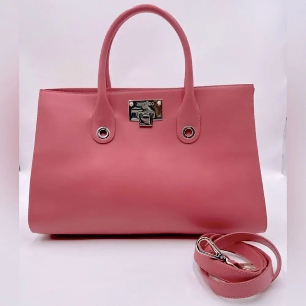 Auth Jimmy Choo Large Pink Leather Suede Sides 2way Riley Tote Crossbody Bag